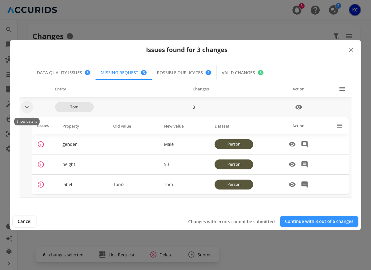 Missing Request tab showing changes requiring request assignment