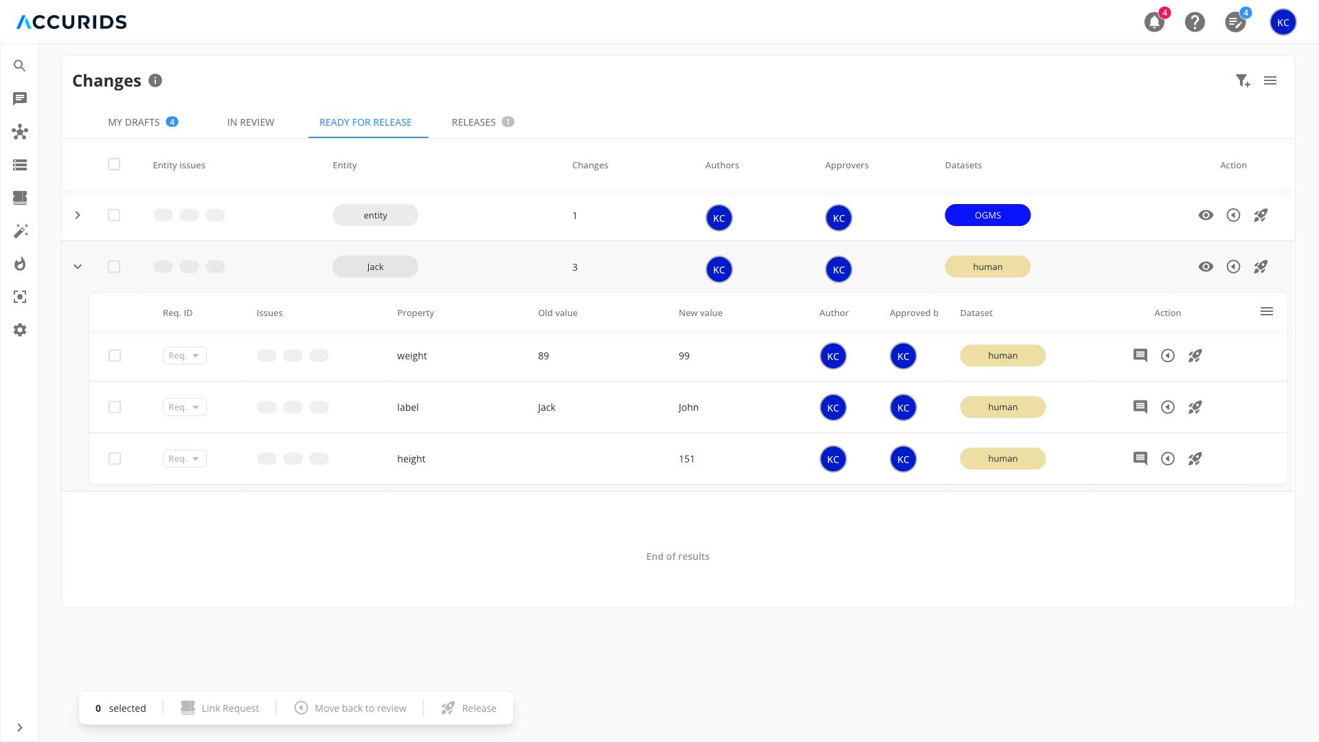 Expanded entity row showing detailed property changes in Ready for Release