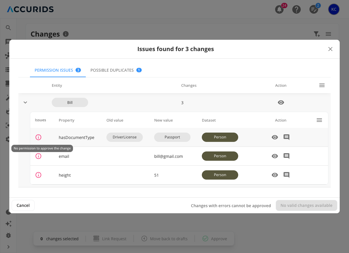 Permission Issues tab showing changes requiring permissions