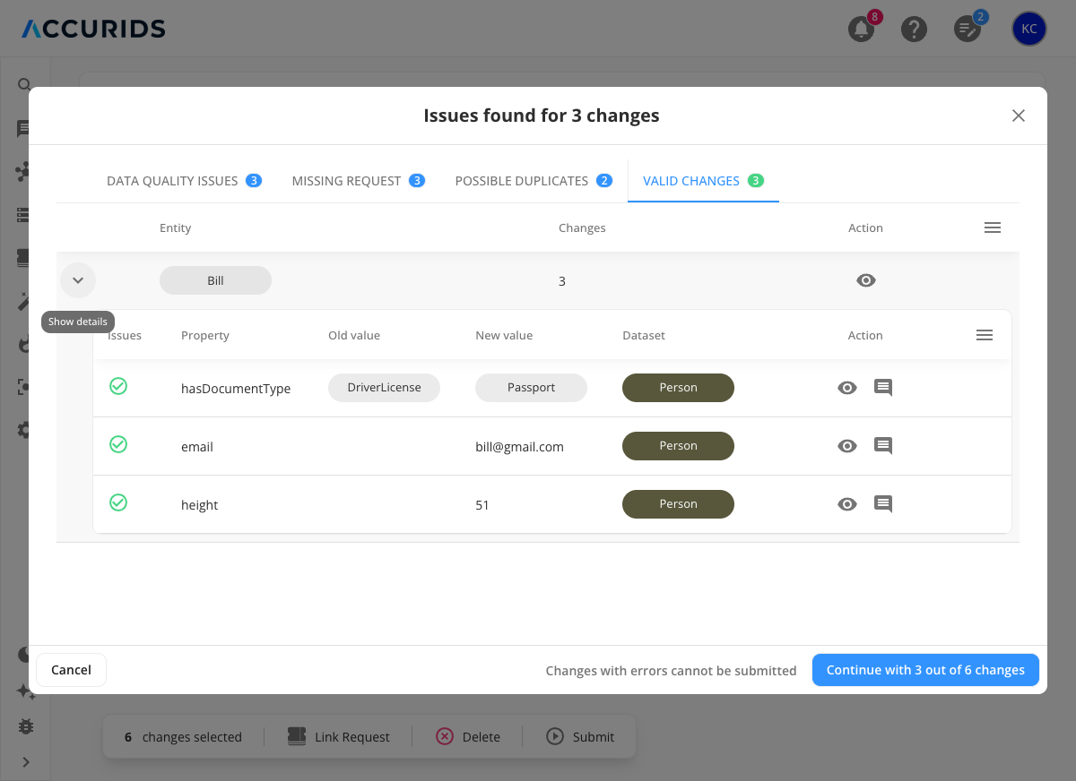 Valid Changes tab showing changes ready for submission