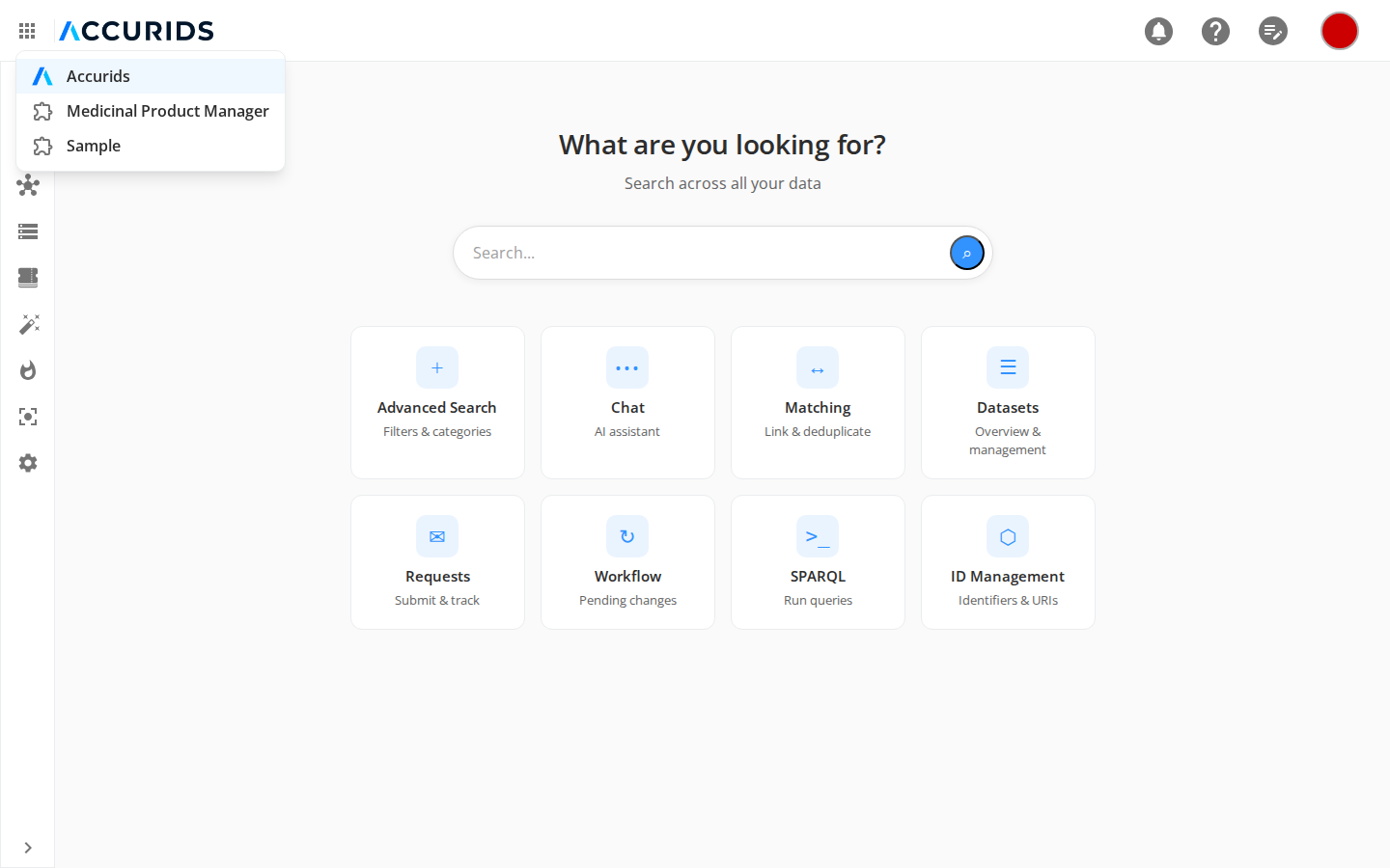 The app switcher listing the core Accurids app and the available module apps