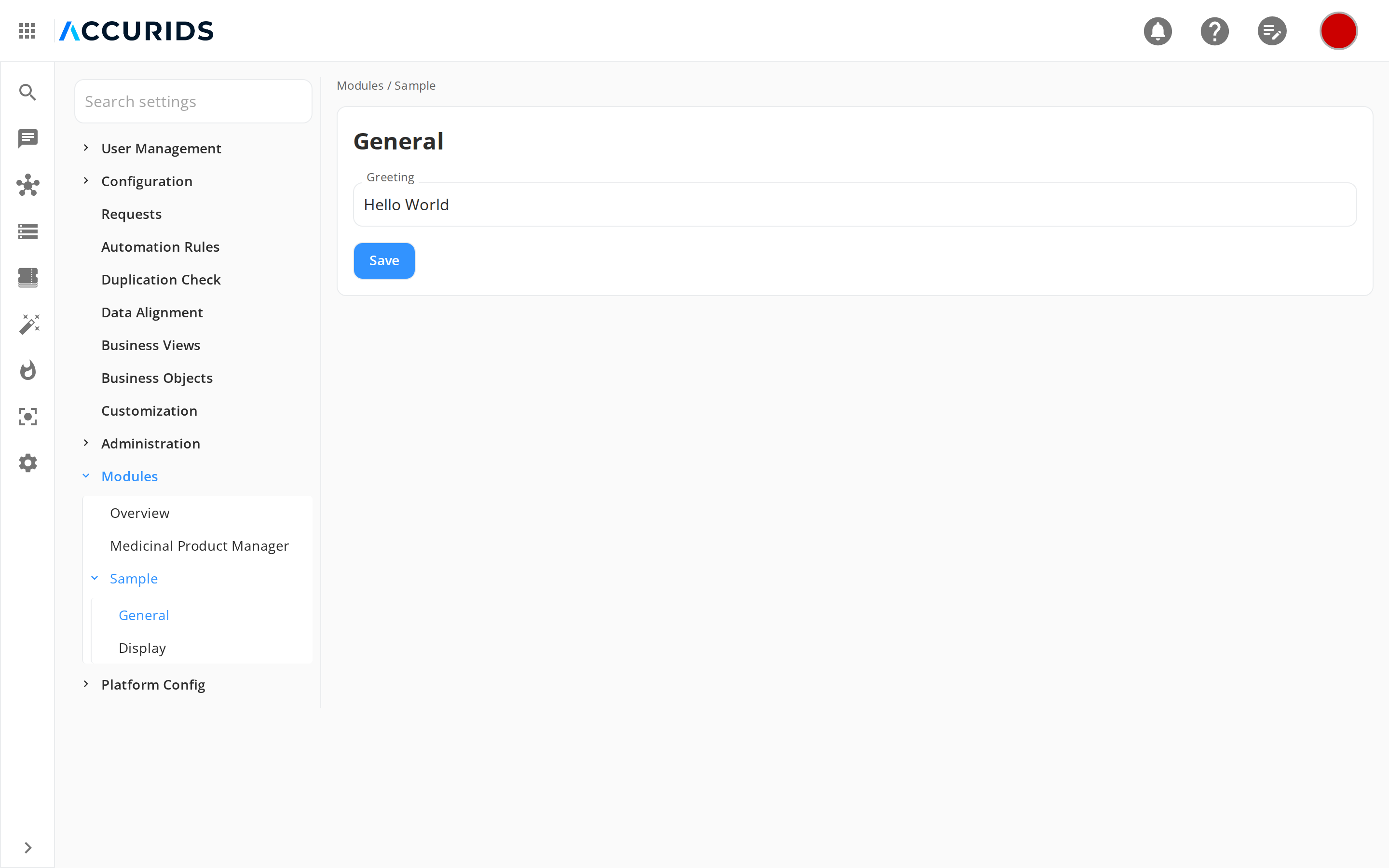 A module configuration section page (Sample > General)