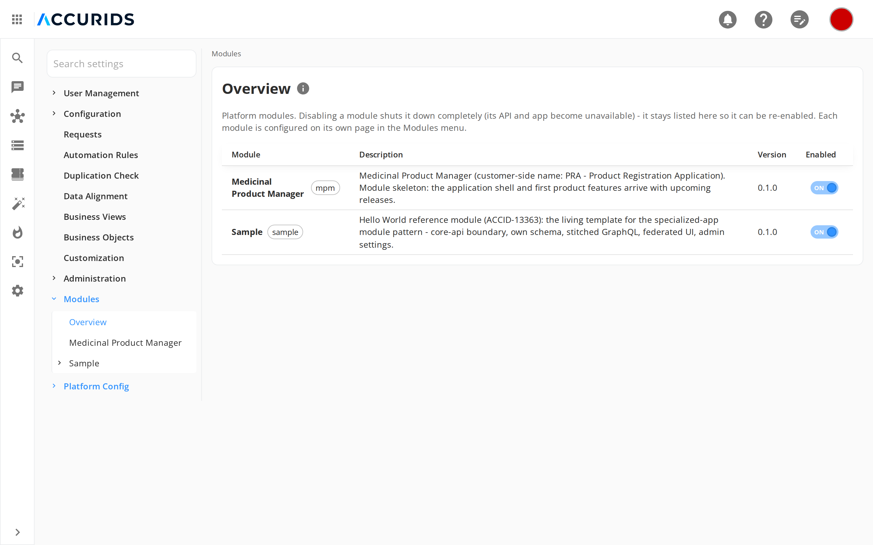 The Modules Overview page listing the installed modules with their versions and the runtime enable switch