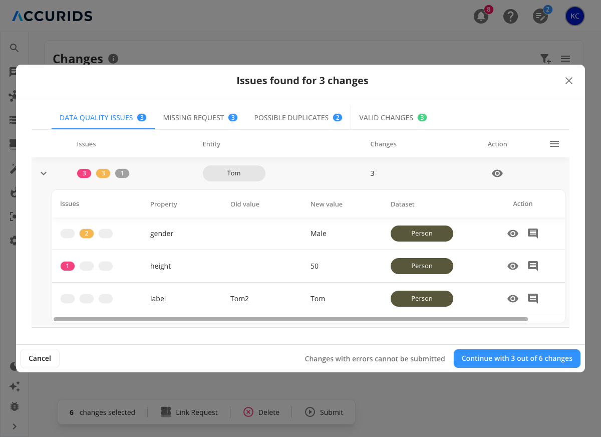 Data Quality Issues tab showing entity with expanded property changes