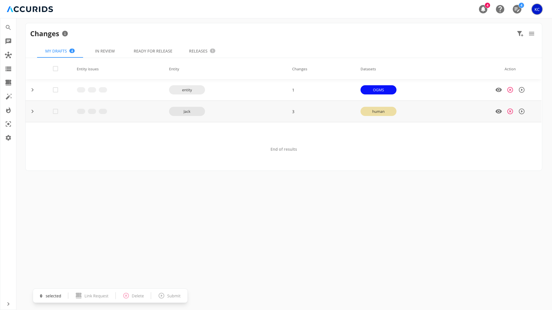 My Drafts tab showing draft changes ready for review