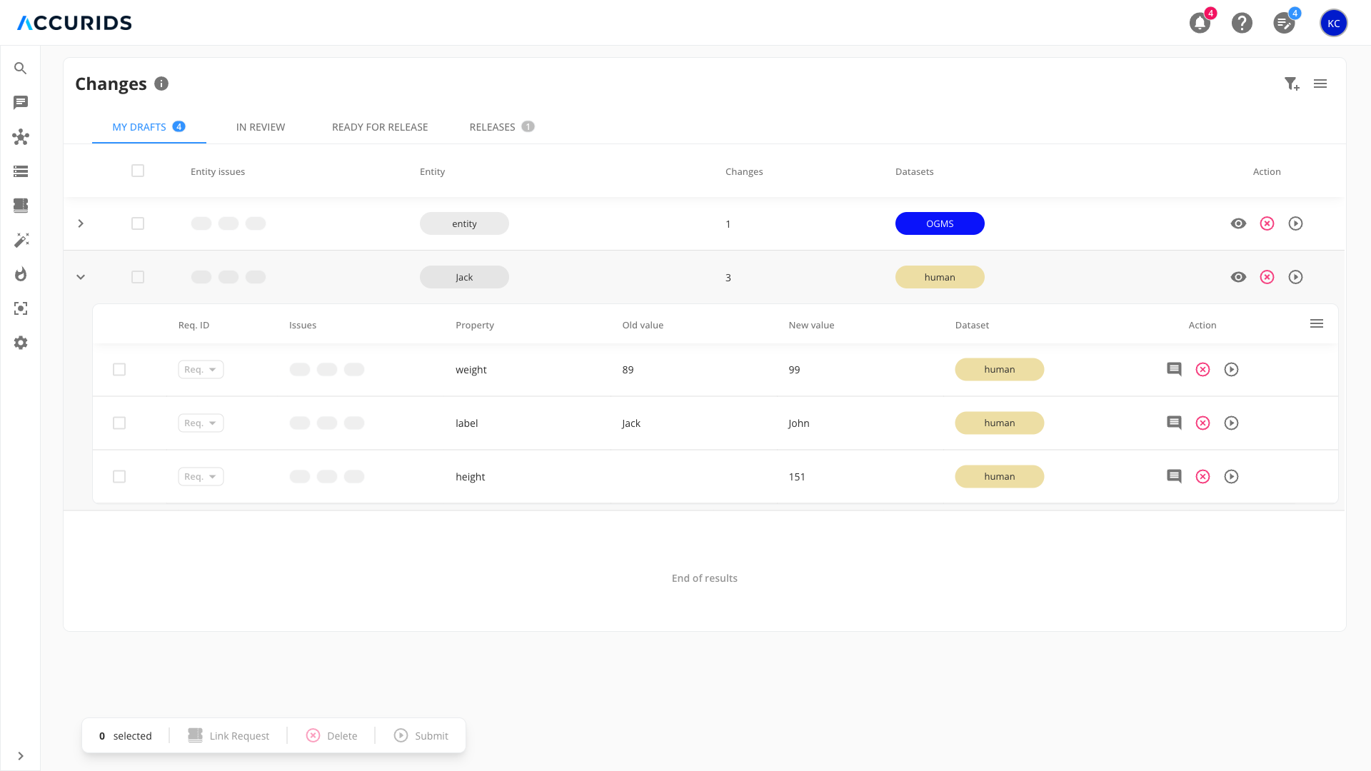 Expanded entity row showing detailed property changes in My Drafts