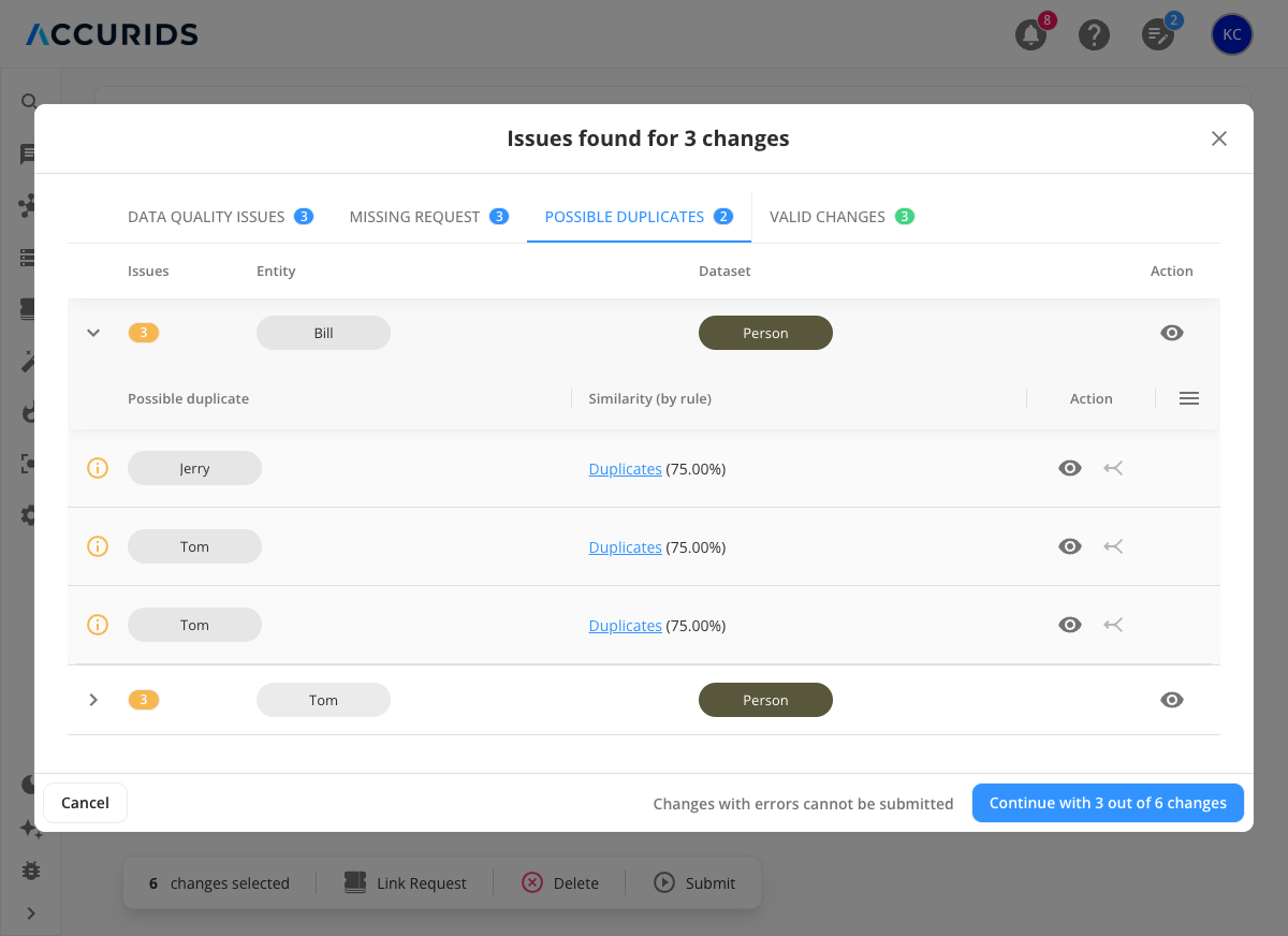 Possible Duplicates tab showing potential duplicate entities